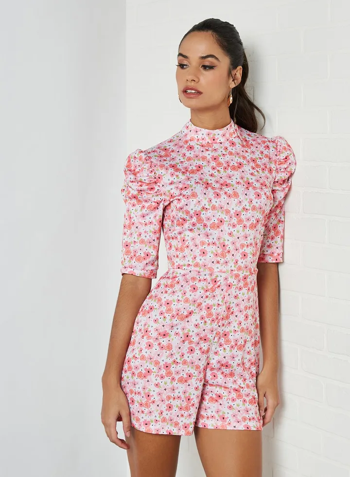 Floral Puff Sleeve Romper Pink