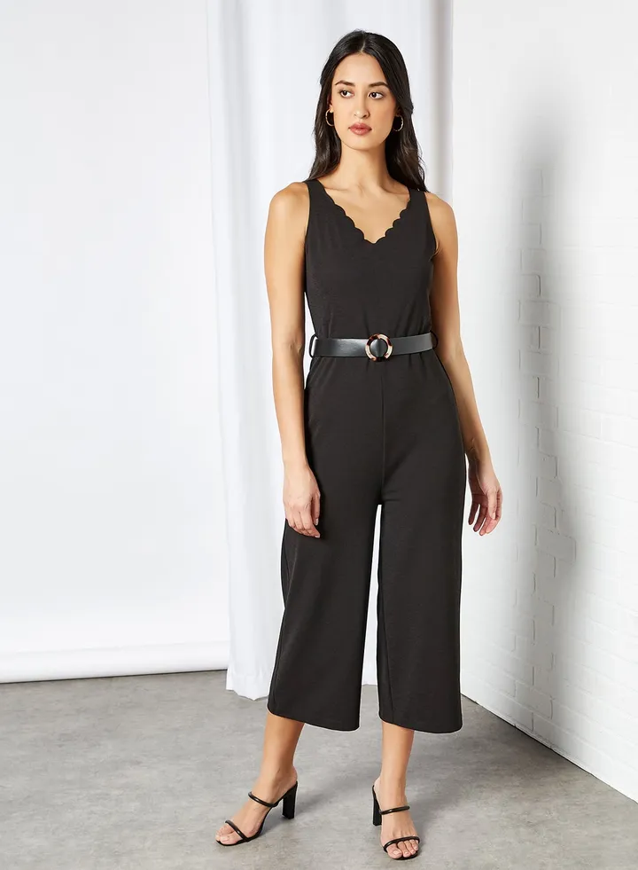 Scalloped Neckline Jumpsuit Black