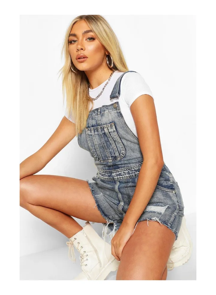 Ripped Denim Dungaree Shorts