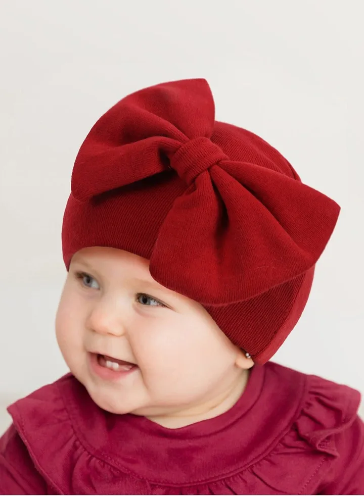 Newborn Bowtie Pullover Hat Dark Red