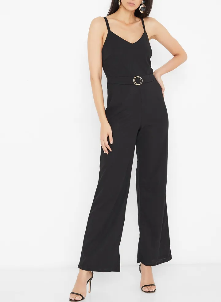 Double Ring Detailed Sleeveless Jumpsuit Black