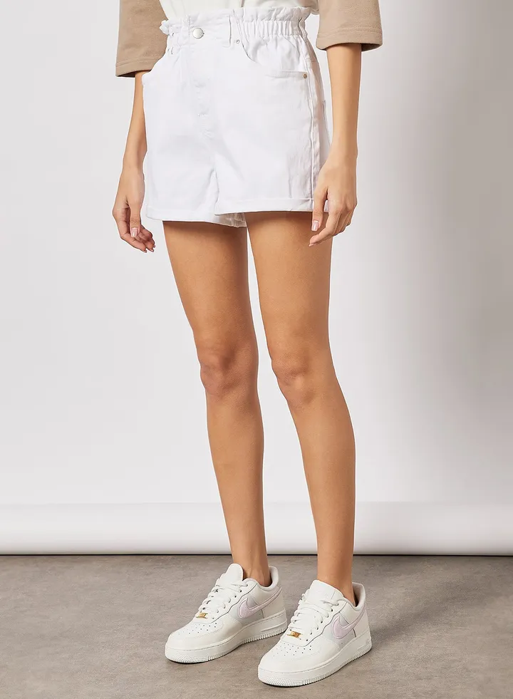 Paperbag Waist Denim Shorts White