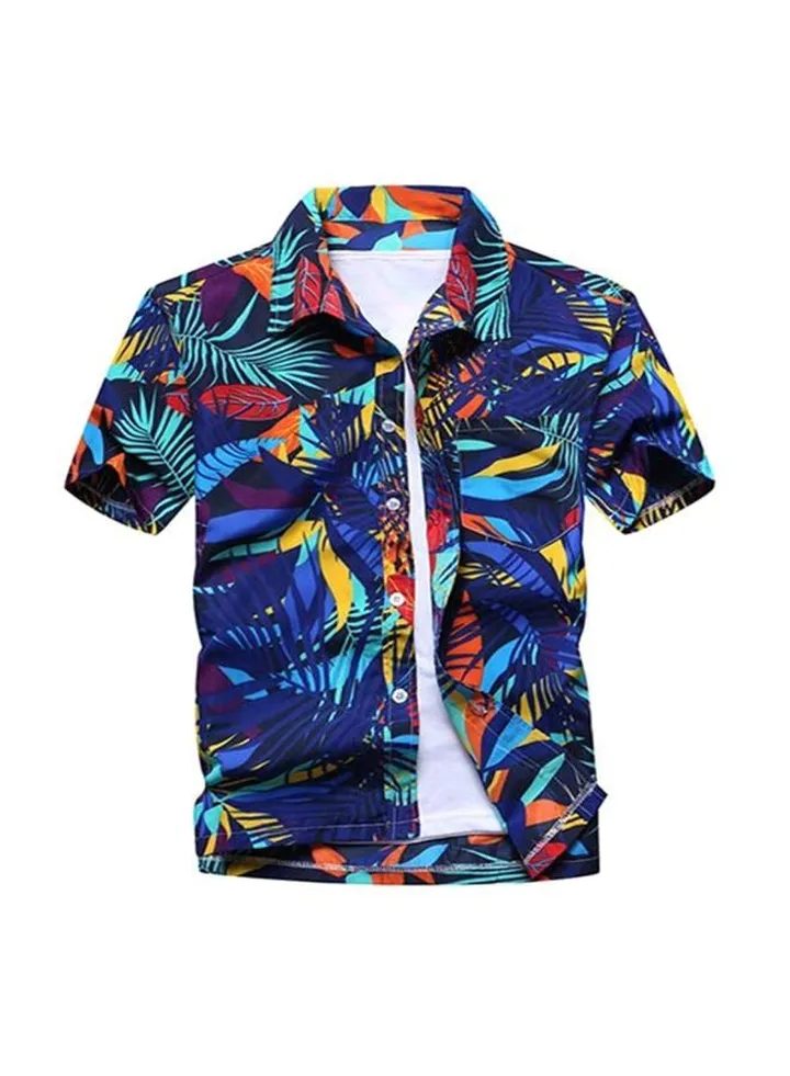 Leaves Printed Short Sleeves Shirt Blue/Yellow/Orange
