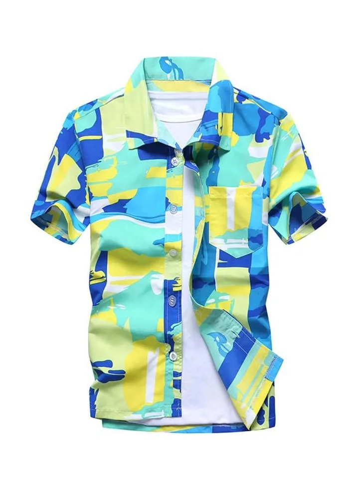 Abstract Printed Short Sleeves Shirt Green/Yellow/Blue