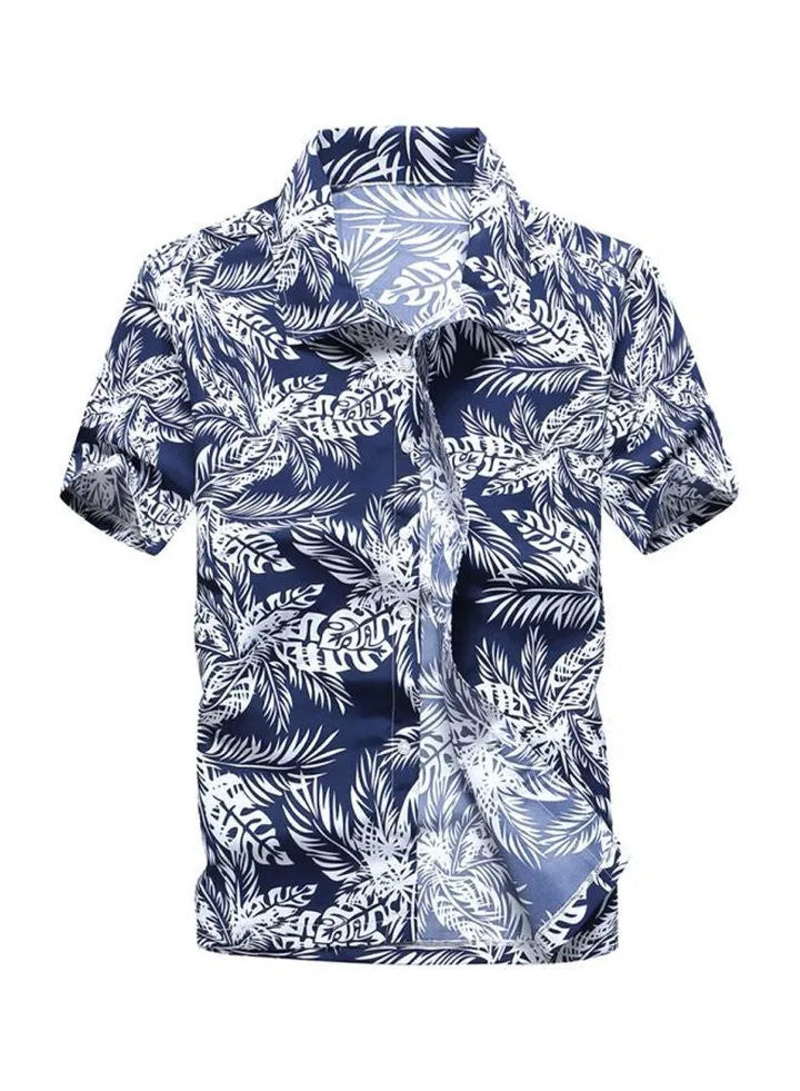 Leaves Printed Short Sleeves Shirt Blue/White