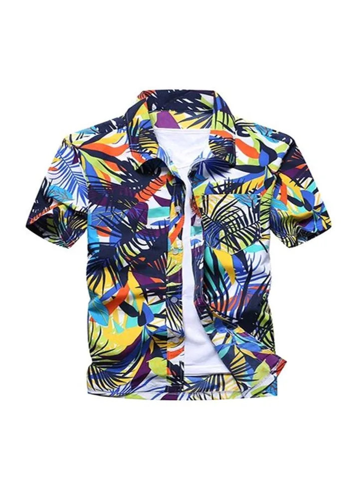 Leaves Printed Short Sleeves Shirt Blue/Yellow/Orange