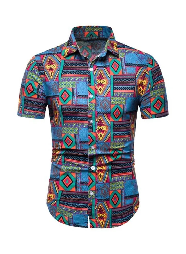 Geometric Printed Short Sleeves Shirt Blue/Yellow/Pink