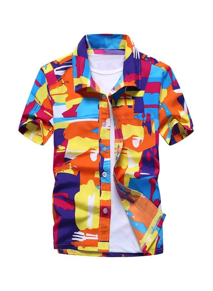 Abstract Printed Short Sleeves Shirt Orange/Yellow/Blue