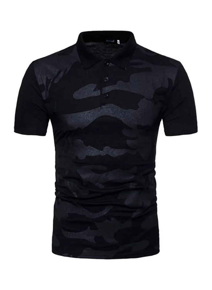 Short Sleeve Casual Camouflage Print Sport Polo T-Shirt Black
