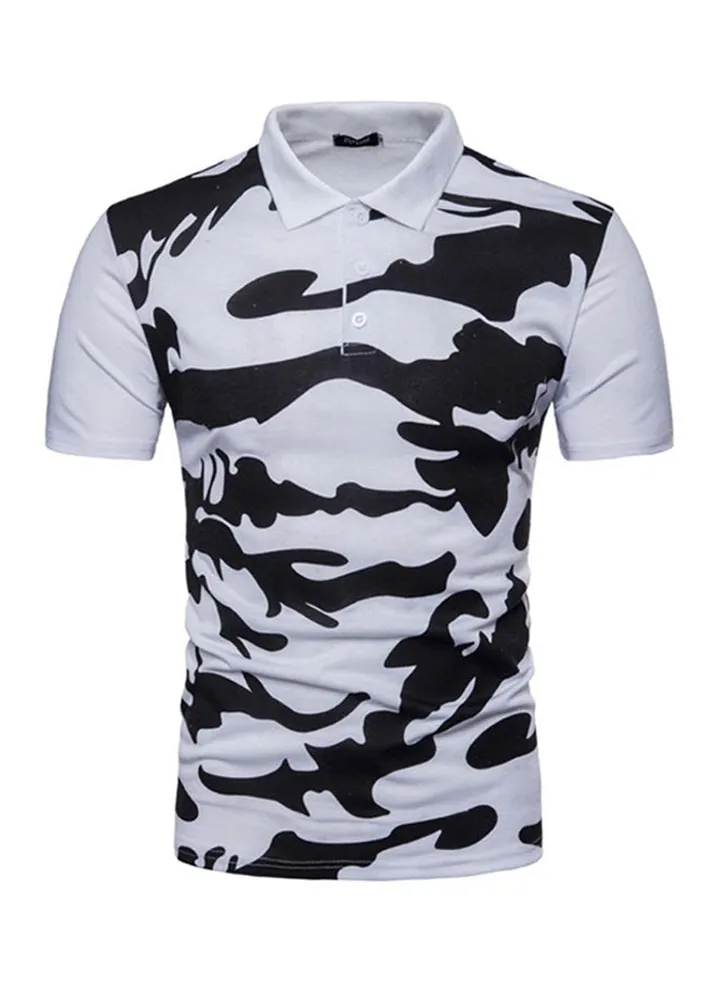 Short Sleeve Casual Camouflage Print Sport Polo T-Shirt White/Black