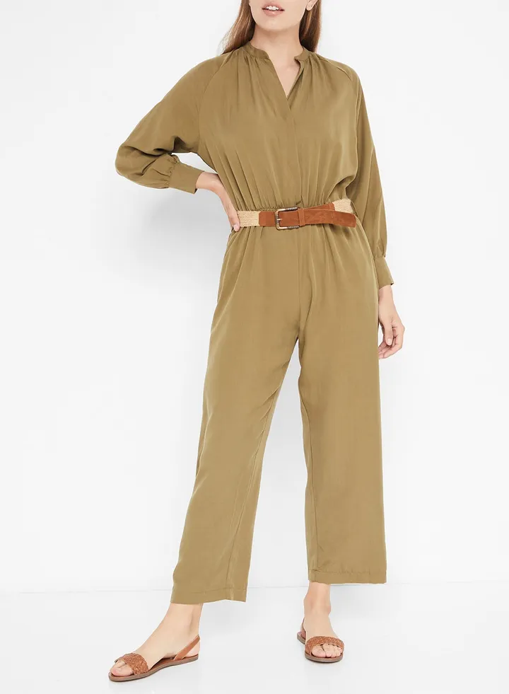 Belted Wide Leg Jumpsuit Khaki