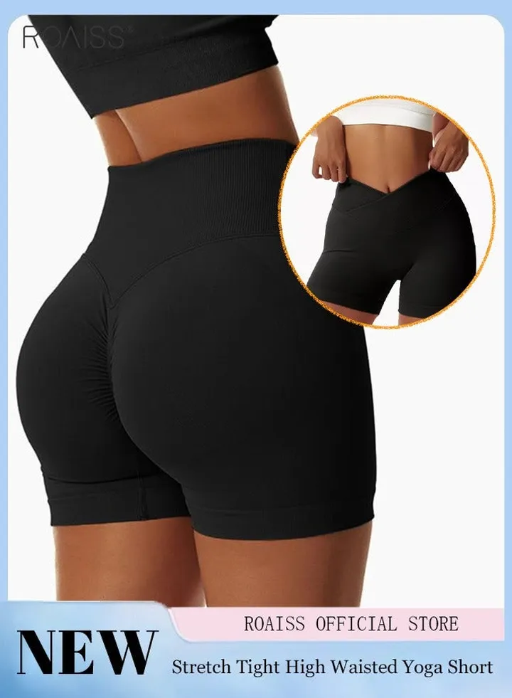 Women's Elastic Fitness Yoga Shorts High Waist Hip Lifting Running Shorts Tight Seamless Hip Pleated Cycling Shorts