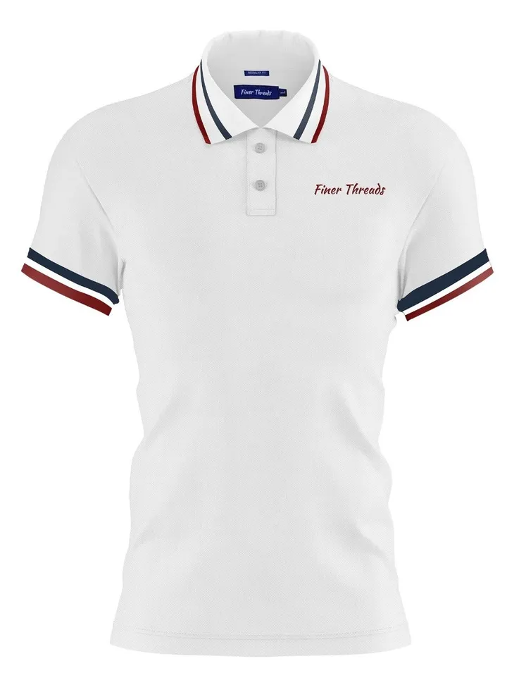 Finer Threads White Men's Polo Shirt with Contrast Collar and Thin Stripes-Regular Fit.
