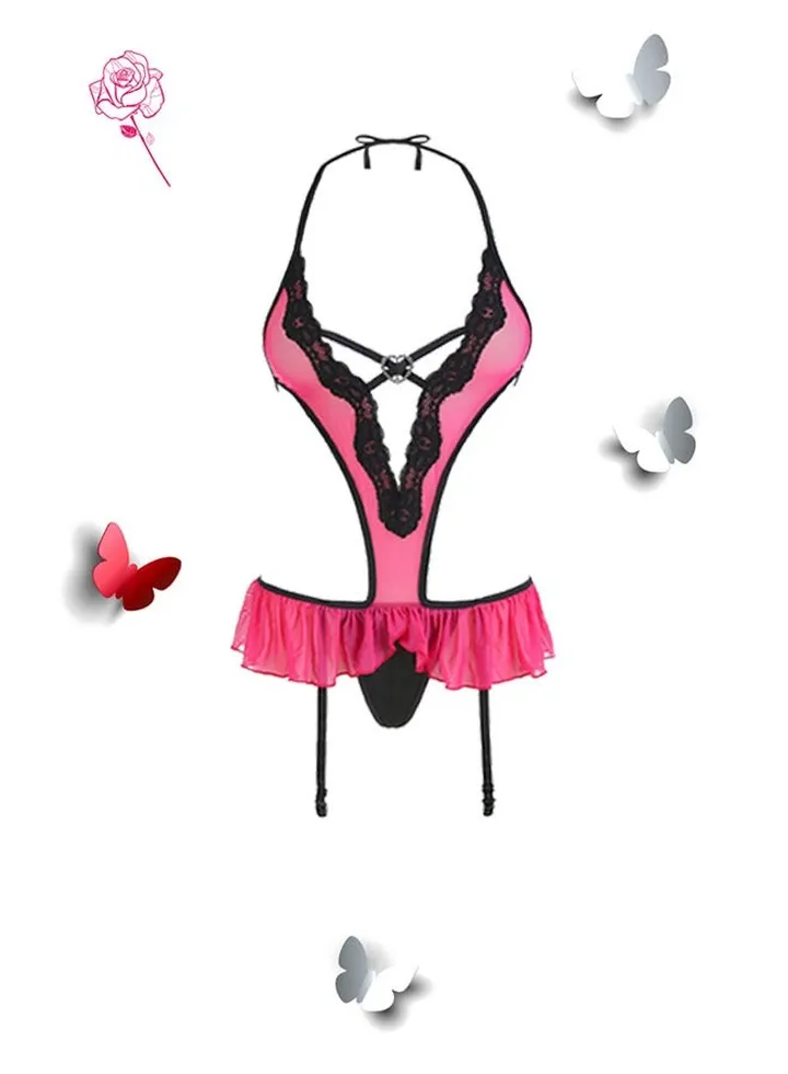 Women Halter Deep V Neck Lace Bodysuit One-Piece Plunge Teddy Babydoll Lingerie