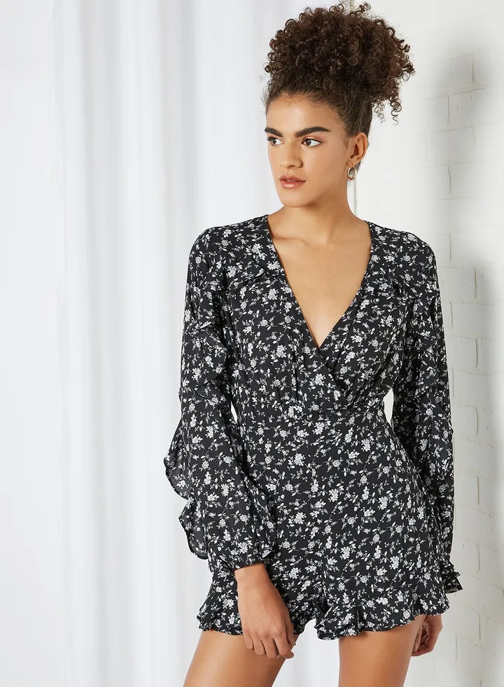 Floral Print V-Neck Long Sleeve Casual Jumpsuit Black/White