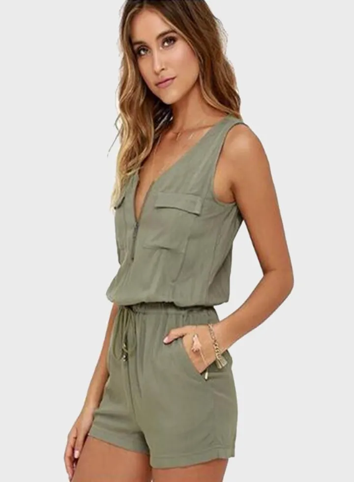 Casual V-Neck Sleeveless Lace-Up Jumpsuit Green