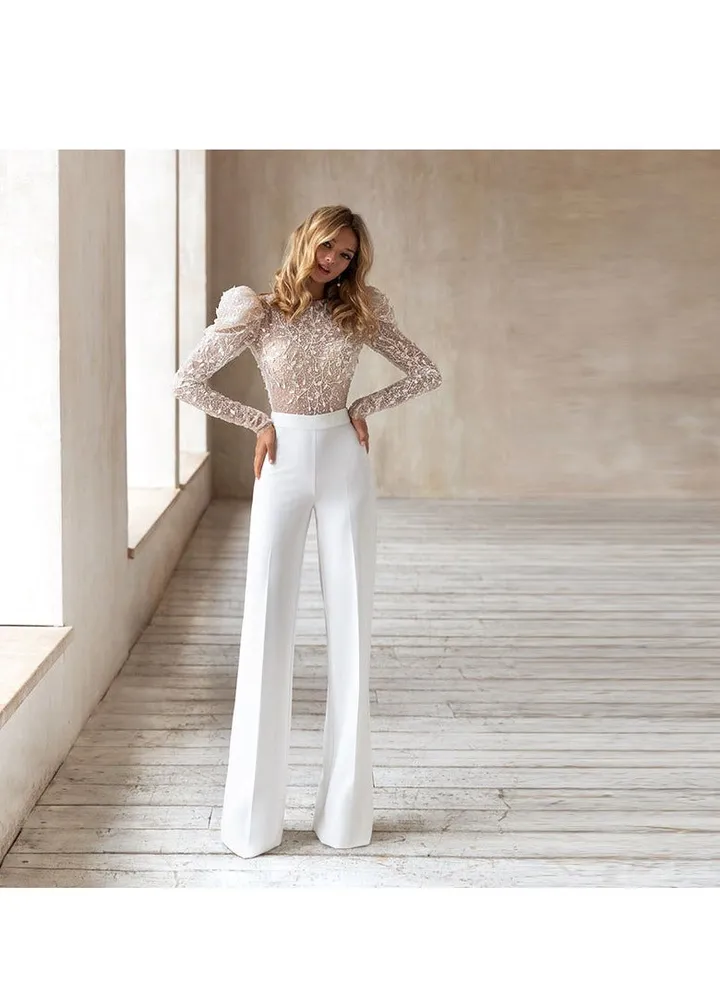 Fashionable New Women's Round Neck Long sleeved Pants Off the Back jumpsuit Lace Details Sleeves Texture Knitted jumpsuit