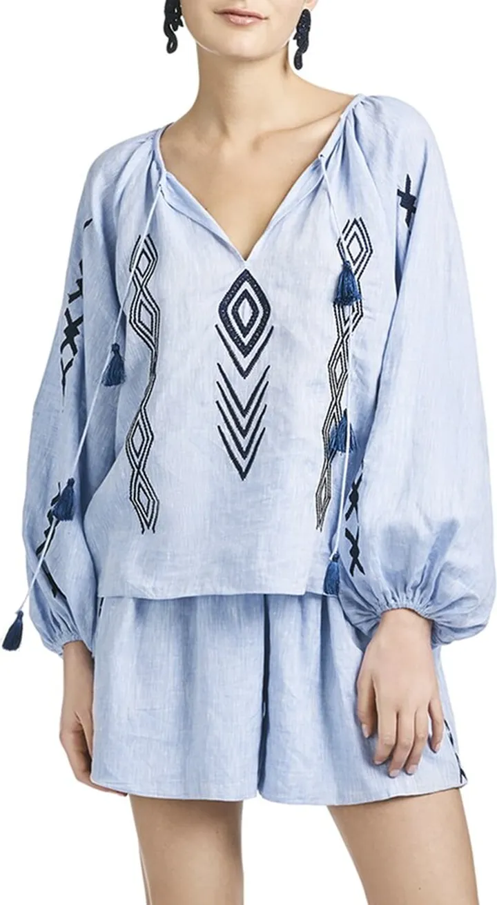 Celia Embroidered Blouson-Sleeve Blouse