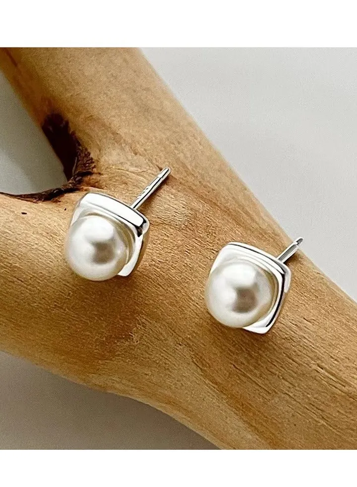 Small S999 sterling silver square freshwater pearl silver stud earrings