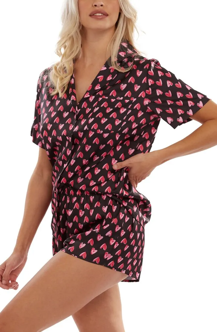 Heart Print Satin Short Pajamas