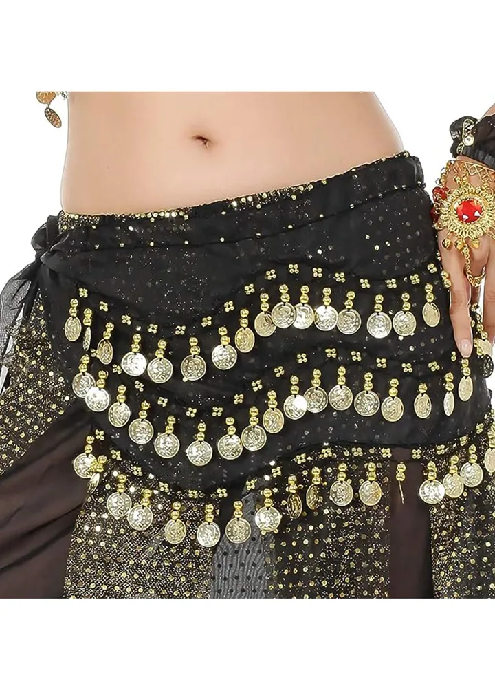 Belly Dance Skirt Wrap Belt with Dangling Coins Women Sequin Hip Scarf Tribal Belt for Performance Costume