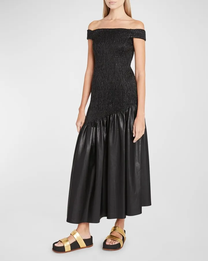 Veloso Off-The-Shoulder Smocked Leather Midi Dress