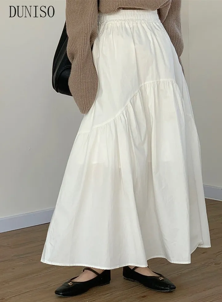 Retro Elegant A-line Skirt for Women High Elastic Waist Maxi Skirt A-line Flare Long Skirts for Summer Autumn White