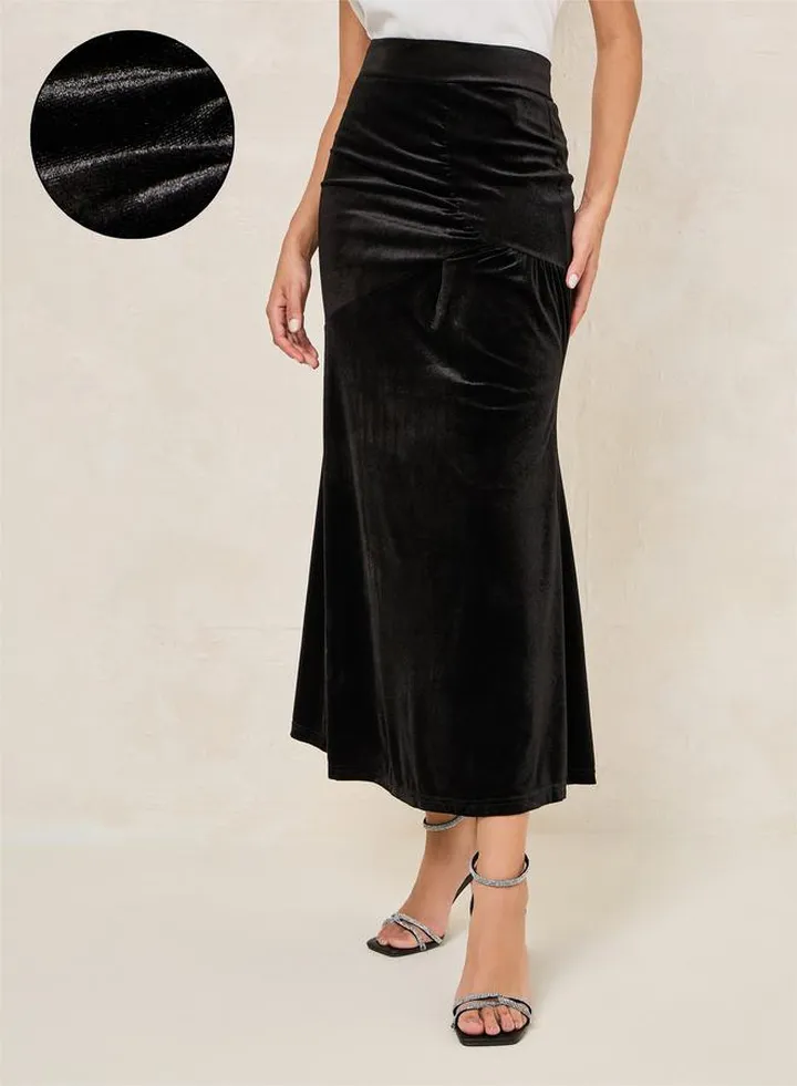 Velvet Fit and Flare Maxi Skirt with Gathered Detail