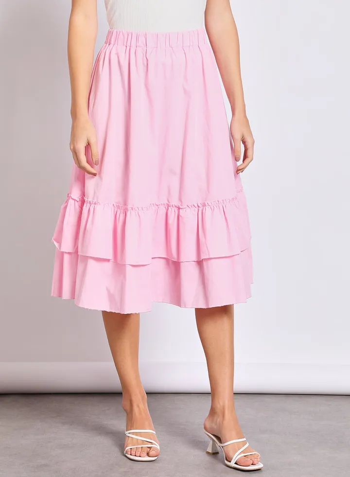 Women's Casual Long Ruffle Sloid Skirt 137 Pink