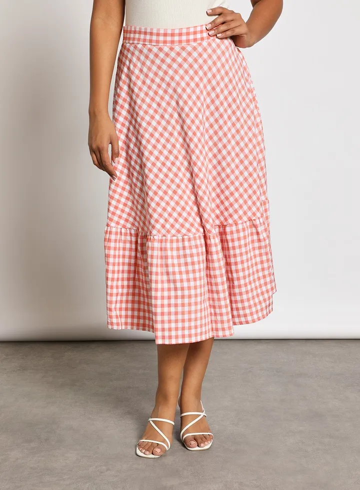High waist plaid print skirt Orange/White
