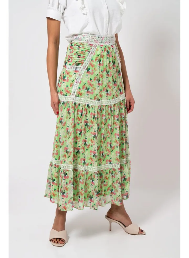 Floral Printed Pleated Maxi Skirt Green/Pink/White