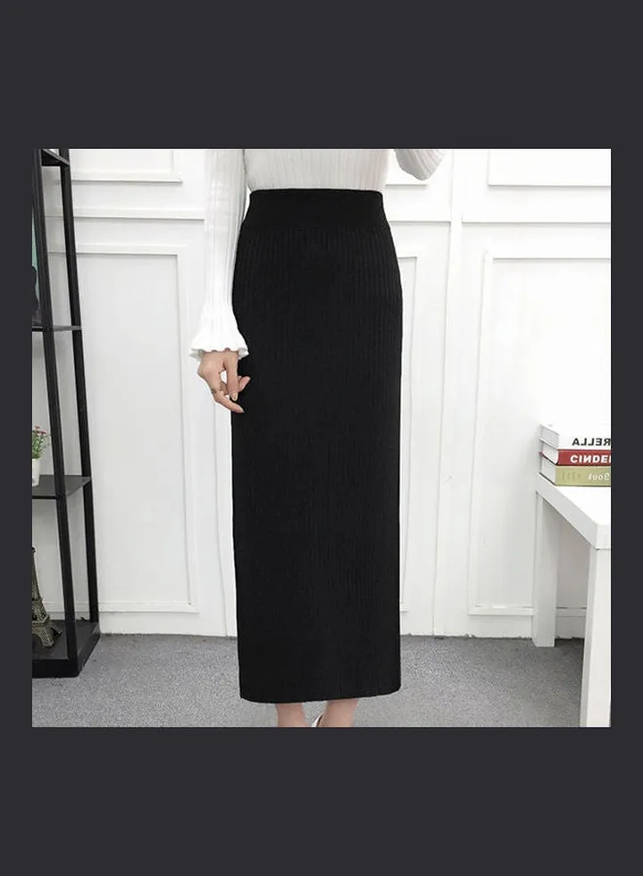 High Slit Ribbed Knitted Long Skirt Black