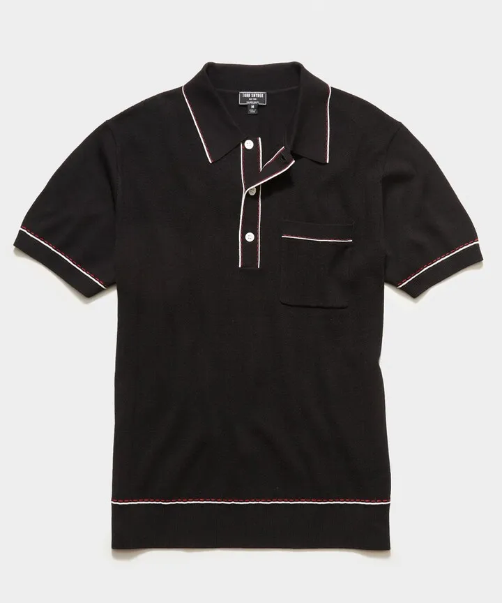 Italian Cotton Silk Tipped Riviera Sweater Polo in Black