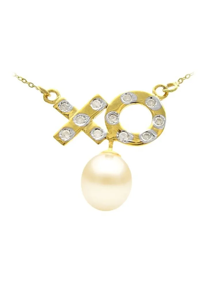 10 Karat Gold Diamonds XO Design And Pearl Studded Necklace
