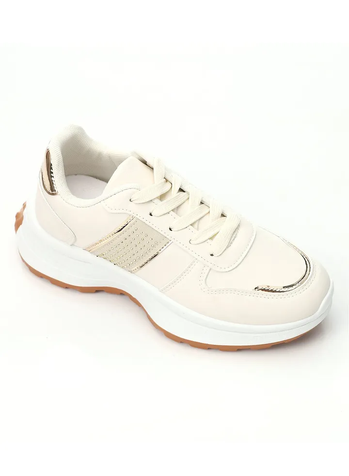 Gold Strassy Mid Heel Evening Sneakers - Beige
