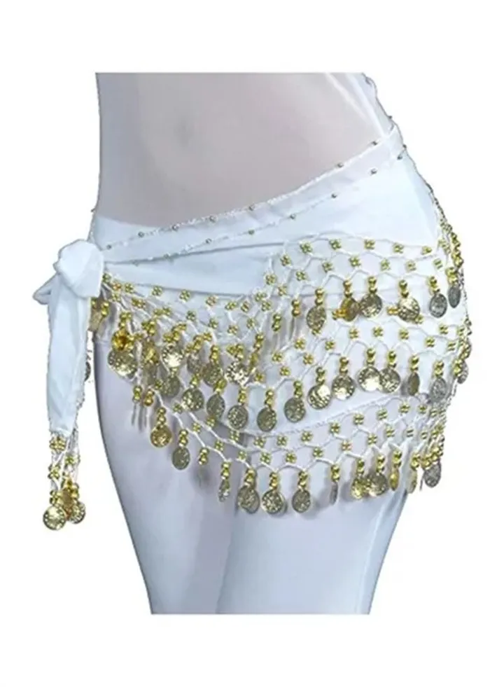 Chiffon Dangling Gold Coins Belly Dance Hip Wrap H-White/Gold