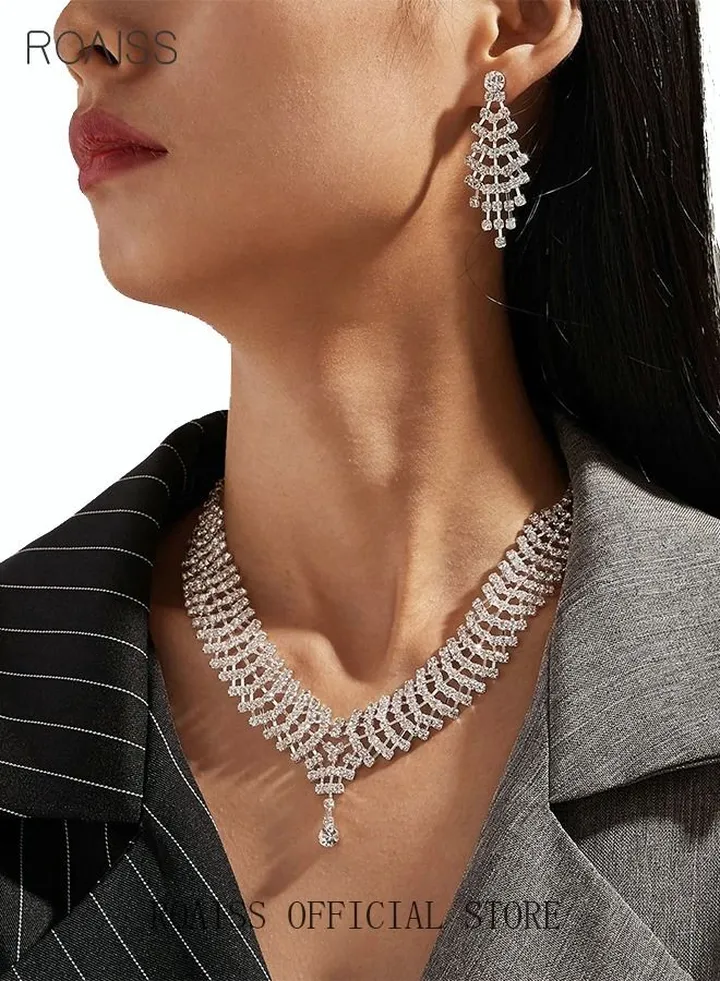 3Pcs Rhinestone Jewelry Set Shinning Necklace Zircon Earrings Pendant Dress Accessory Chic Gift for Women Ladies Mother Wife Bridesmaids Wedding Party Sliver
