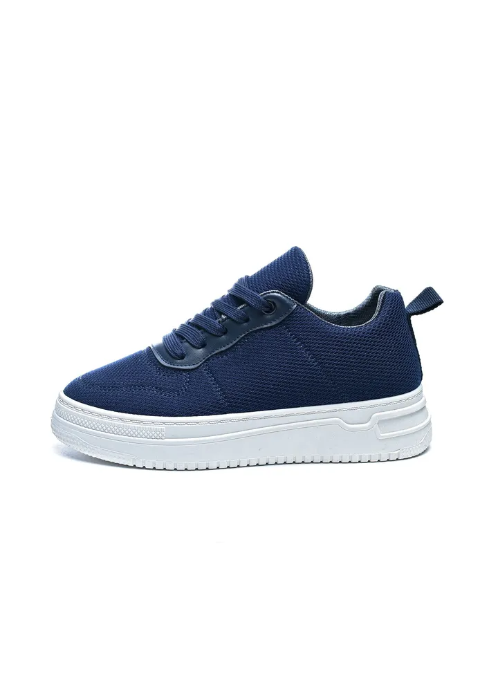 Minimalist Lace-Up Knit Flat Sneakers - Navy Blue