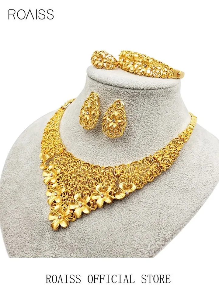 4-Piece Gold-plated Bride Wedding Wear Jewelry Set Necklace Bracelet Flower Earrings Ring for Women Golden