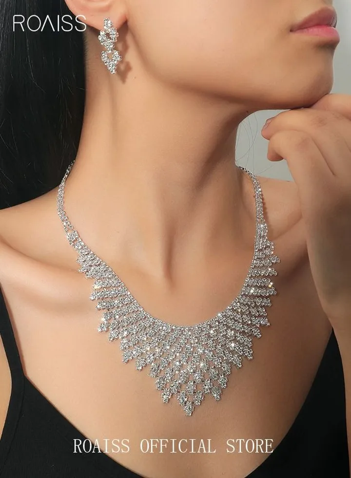 3Pcs Rhinestone Jewelry Set Shinning Necklace Zircon Earrings Pendant Dress Accessory Chic Gift for Women Ladies Mother Wife Bridesmaids Wedding Party Sliver