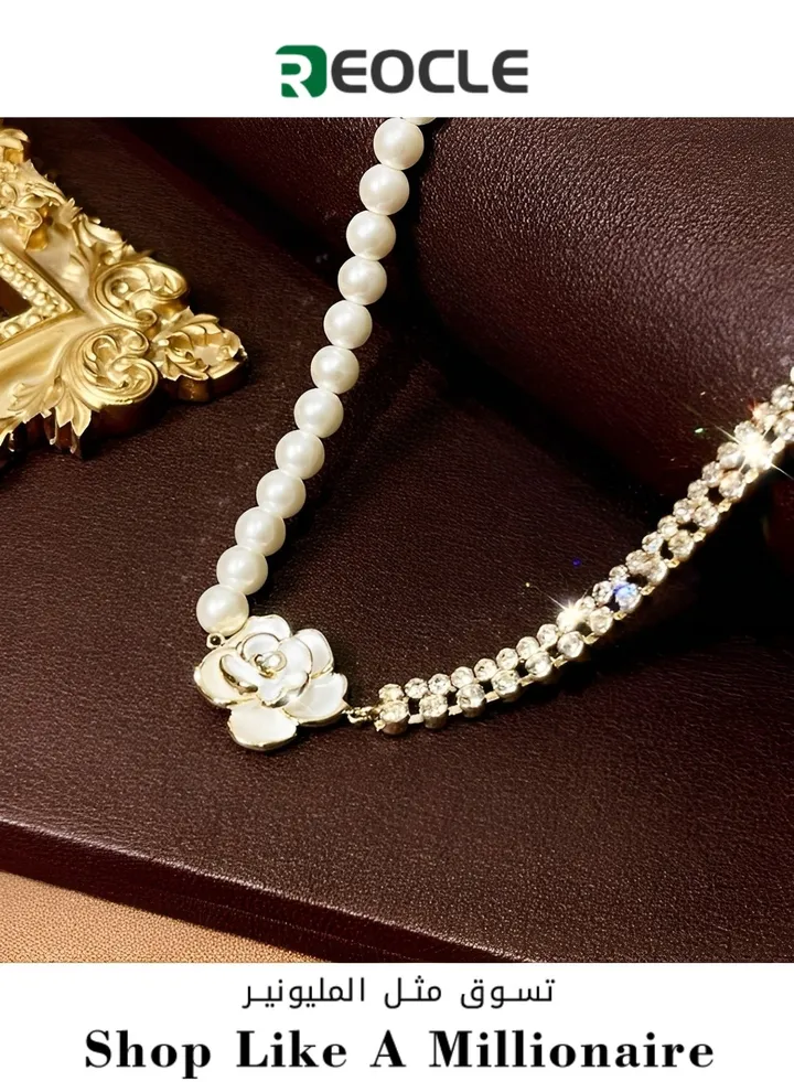 Women's Camellia Pearl Necklace Exquisite and Elegant Choker Pendant White Rose Pearl Beaded Necklace Pearl Jewelry for Ladies Wedding Gifts