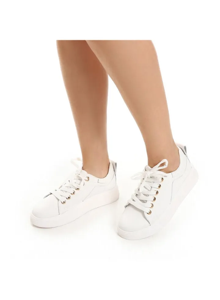 Genuine Leather Plain Lace Up Leather White Sneakers