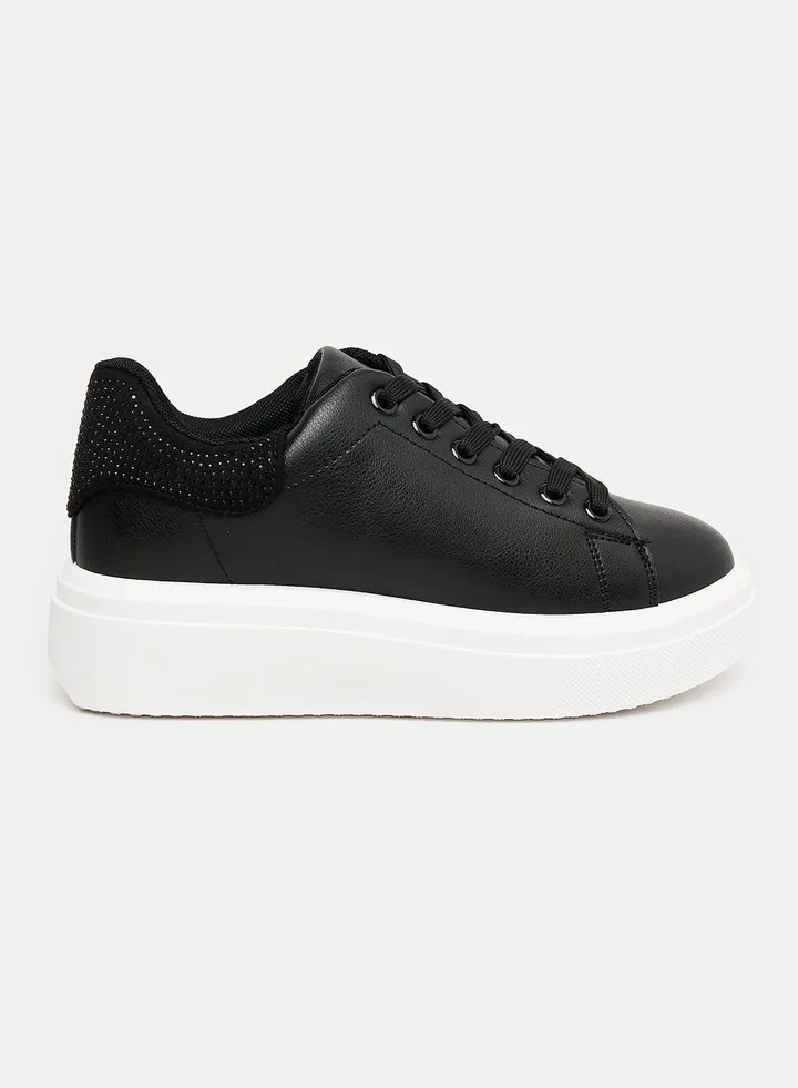 Studded Heel Notch Black Platform Sneakers With White Rubber Sole