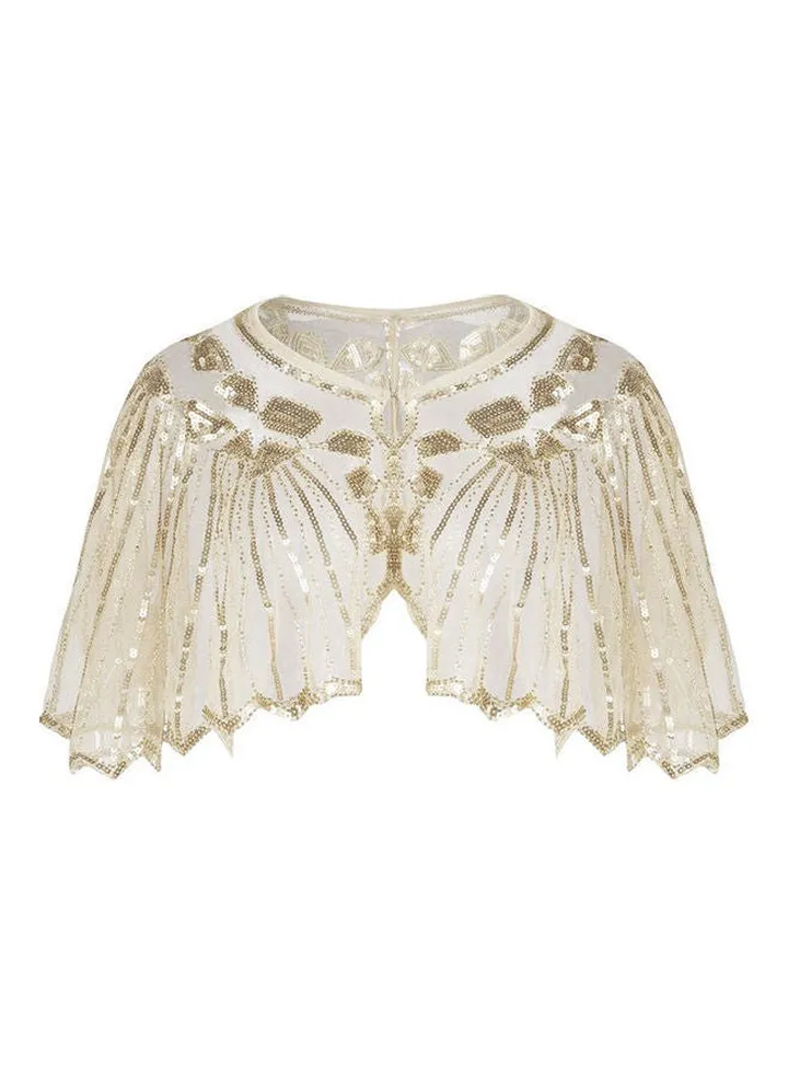 Women 1920s Shawl Poncho Sheer Mesh Shiny Beige/Gold