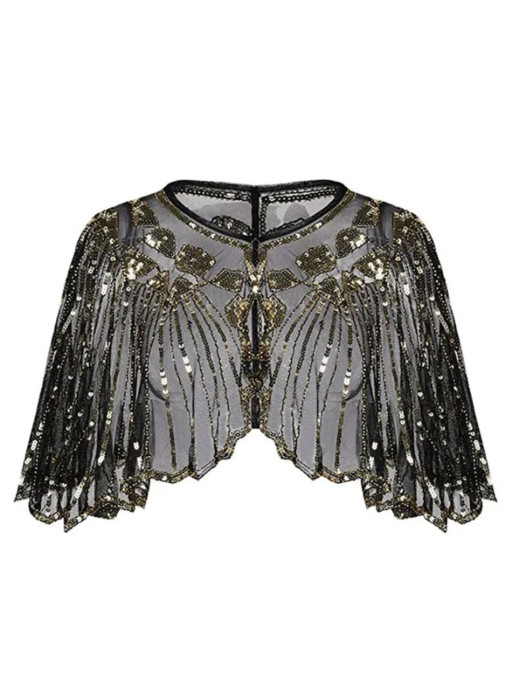 Sheer Shiny Sequined Detail Poncho Shawl Gold