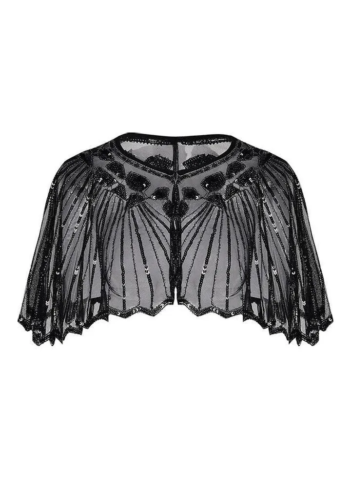 Women 1920s Shawl Poncho Sheer Mesh Shiny Black