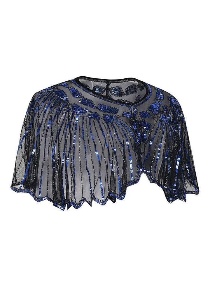 Women 1920s Shawl Poncho Sheer Mesh Shiny Blue