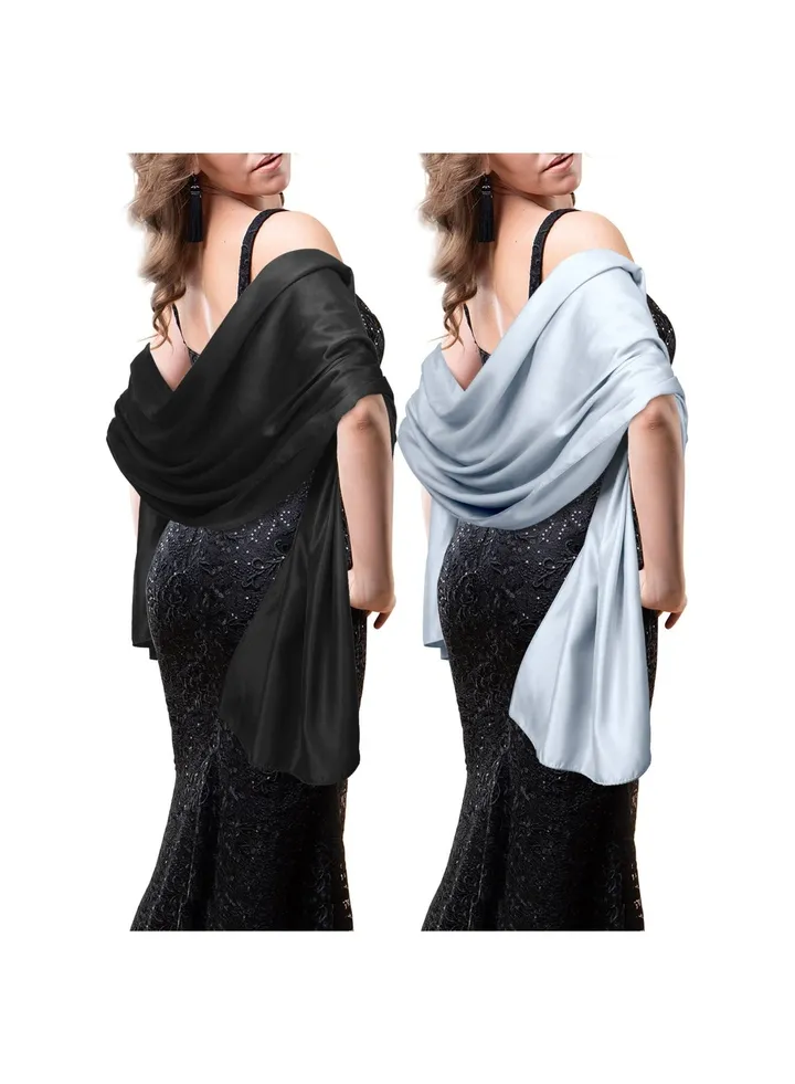 2 Pieces Silky Satin Shawls and Wraps for Women Evening Dress, Lightweight Long Bridal Elegant Bright Wedding Stole (Black, Light Grey), about 70.87 x 27.56 inches