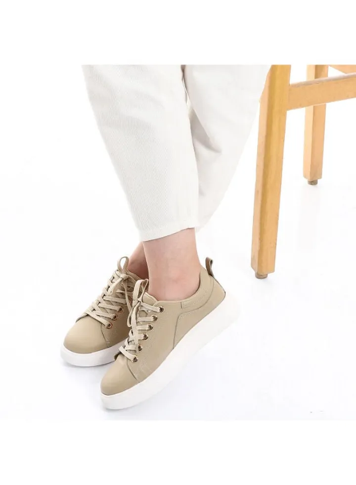 Genuine Leather Plain Lace Up Leather Beige Sneakers