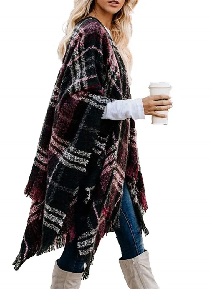 Boho Buffalo Cardigan Poncho for Women, Oversized Plaid Shawl Wrap with Tassel Accents, Open Front Fall Cape Sweater